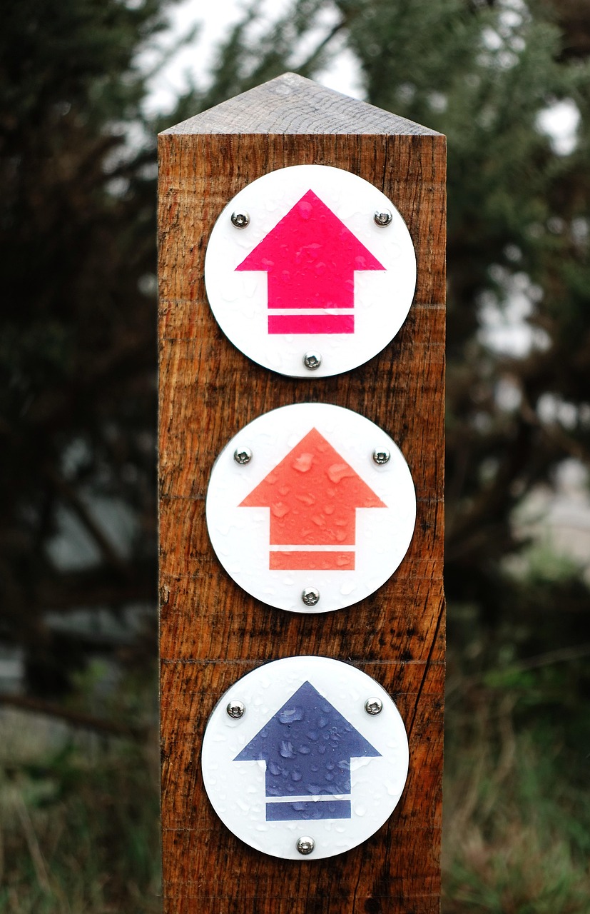 waymark, arrow, way, mark, marker, sign, direction, up, three, triple, navigation, symbol, icon, pointer, walk, trail, hike, hiking, point, gps, position, pictogram, destination, pink, orange, blue, route, guide, nature, upward, north